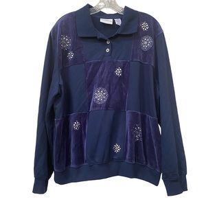 Alfred Dunner Navy Blue Sweater Top Shirt Blue Silver Velour Snowflake Design XL